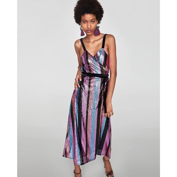 NEW Zara Sequin Wrap Dress sz M Crossover Stripe Sequin Dress - Picture 1 of 10